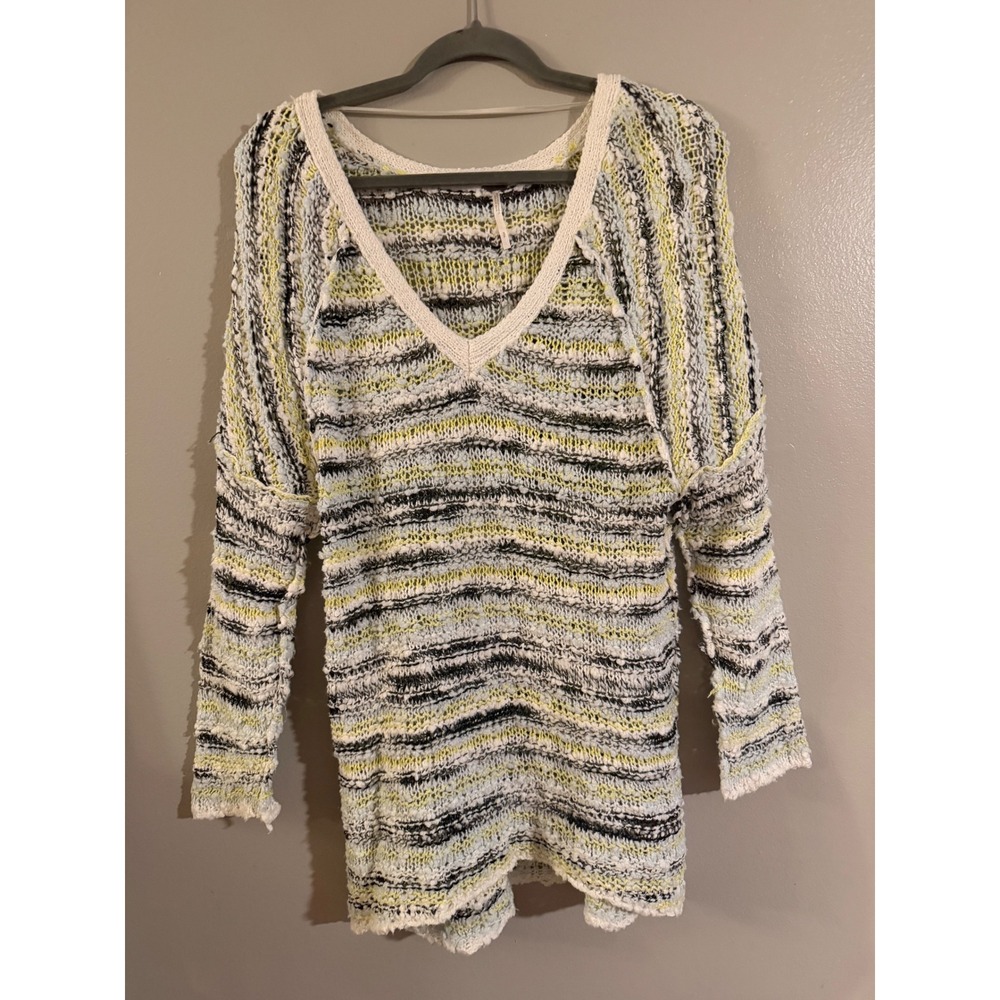 Free People Striped V-Neck Knit Sweater Yellow Blue Black White Small